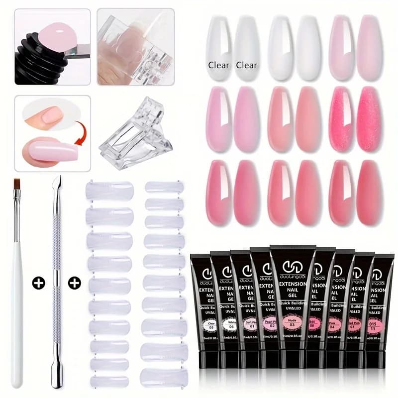 Kit per nail art Salon & Home - Set di extension gel a costruzione rapida inodore da 0,51 once con 20 forme per unghie e strumenti | Scolpire UV professionale