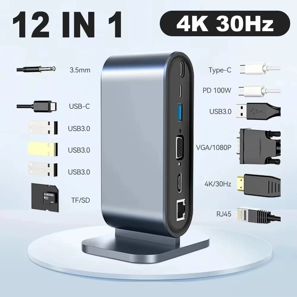 Docking station USB C 12 in 1 con 100 W PD USB-C 4K HDTV VGA USB 3.0 RJ45 Lettore di schede SD/TF Audio per laptop Windows Mac Xiaomi