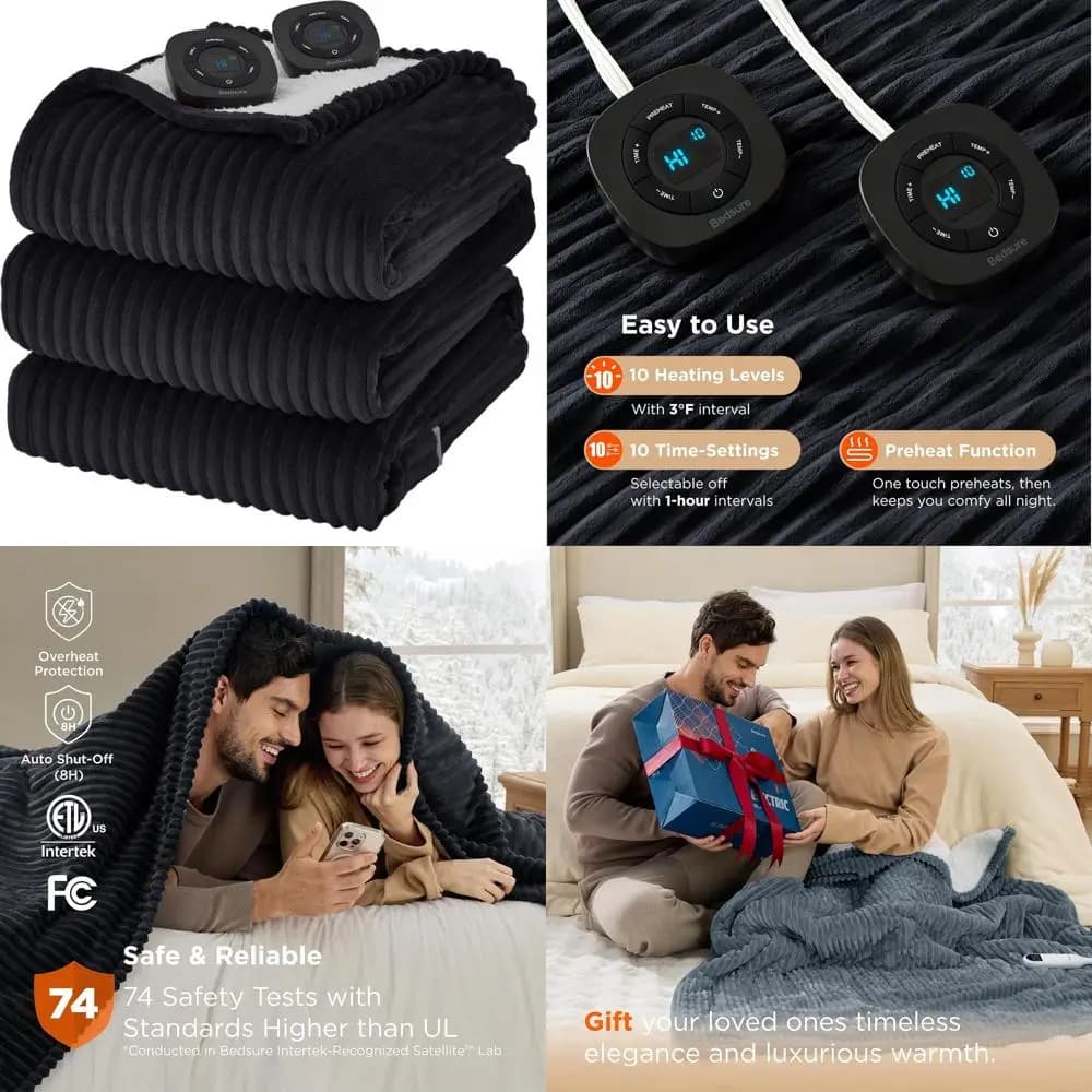 Coperta elettrica King Size: morbida flanella con doppi controlli, 10 impostazioni di calore e 10 timer, spegnimento automatico (90x100 pollici, nero)