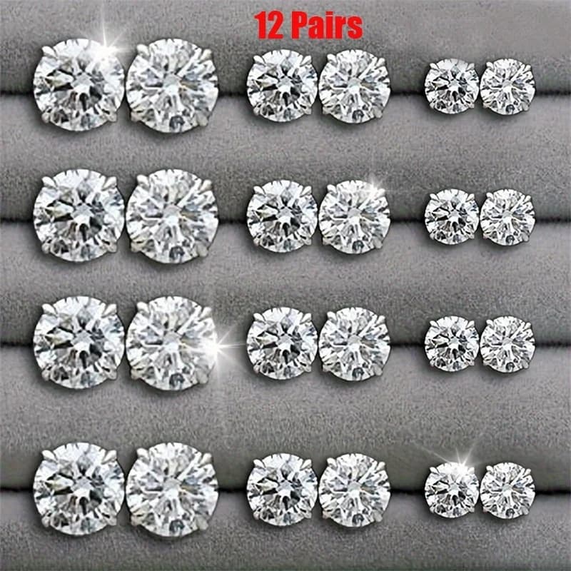 Set of six heart shaped geometric button earrings with elegant vintage crystal zircons 36 unisex pairs