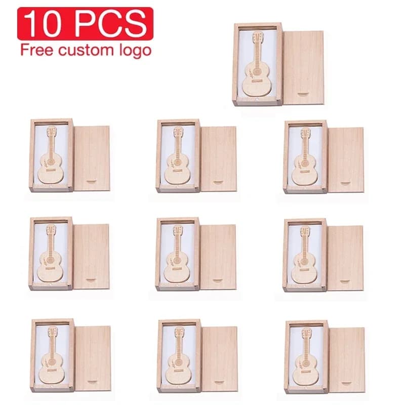 10 PZ LOTTO Chiavetta USB 128 GB Logo Personalizzato Gratuito Pen Drive 64 GB Legno Freddo Chitarra Memory Stick 32 GB Scatola di Legno U Disco 16 GB 8 GB