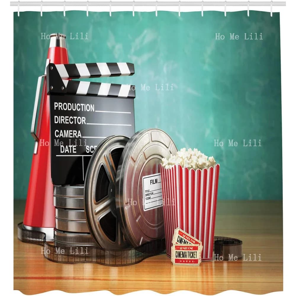 Tema di produzione del cinema bobine di pellicola 3d biglietti per assicelle Popcorn e megafono tenda da doccia decorazioni per il bagno