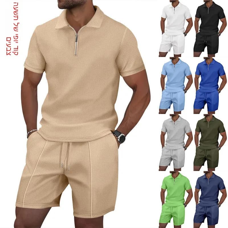 Set Casual Estivo da Uomo con T-Shirt a Maniche Corte con Zip e Colletto, Pantaloncini in Tinta Unita YY23098, Comodo, Traspirante e Leggero