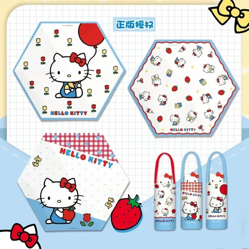 Ombrello Pieghevole 5 Volte in Vinile con Protezione Solare, Design Anime Hello Kitty, Ombrello Portatile Kawaii, Regalo per Amici
