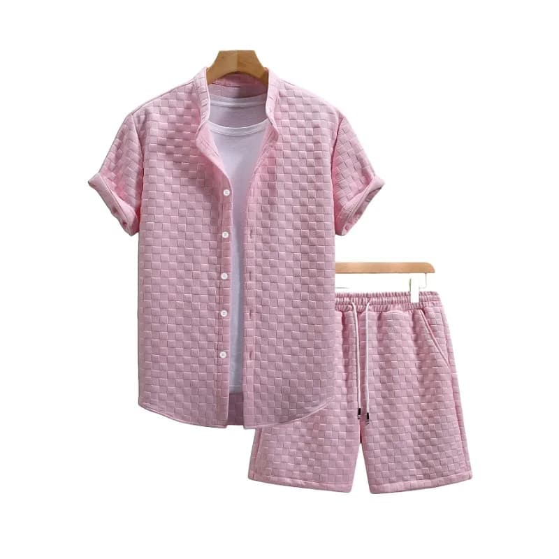 Completo Estivo da Uomo in Maglia Waffle Tinta Unita con Colletto Rialzato, Camicia a Maniche Corte e Pantaloncini, Set Casual Due Pezzi per Uso Quotidiano