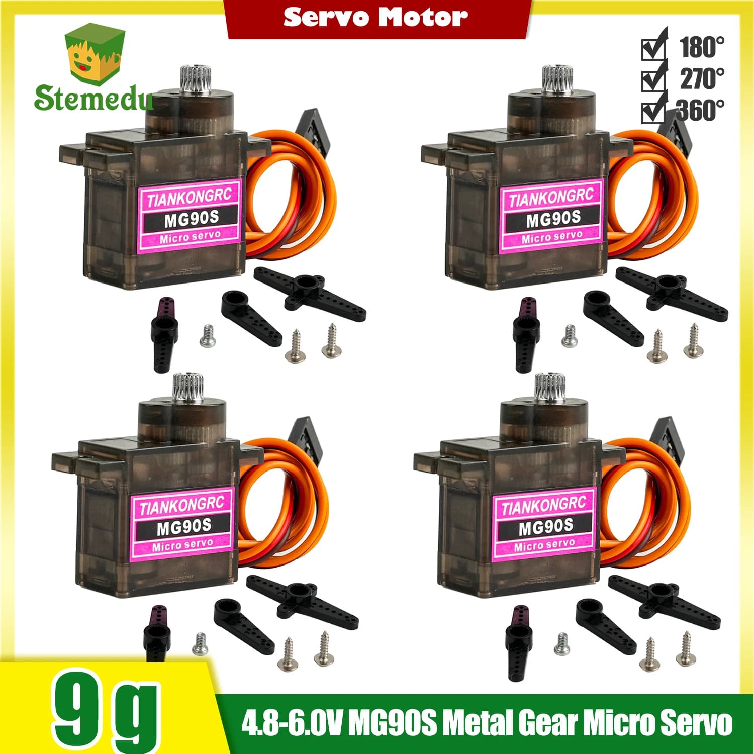 4 pz. Micro Servo Motore Leggero da 9g MG90S Mini Servo RC con Ingranaggi Interamente in Metallo per Controllo Arduino Robot Elicottero Aereo Auto Barca