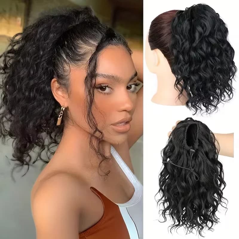 Women’s Synthetic Short Deep Wave Ponytail, Fluffy Curly Drawstring Clip-in Hair Extension