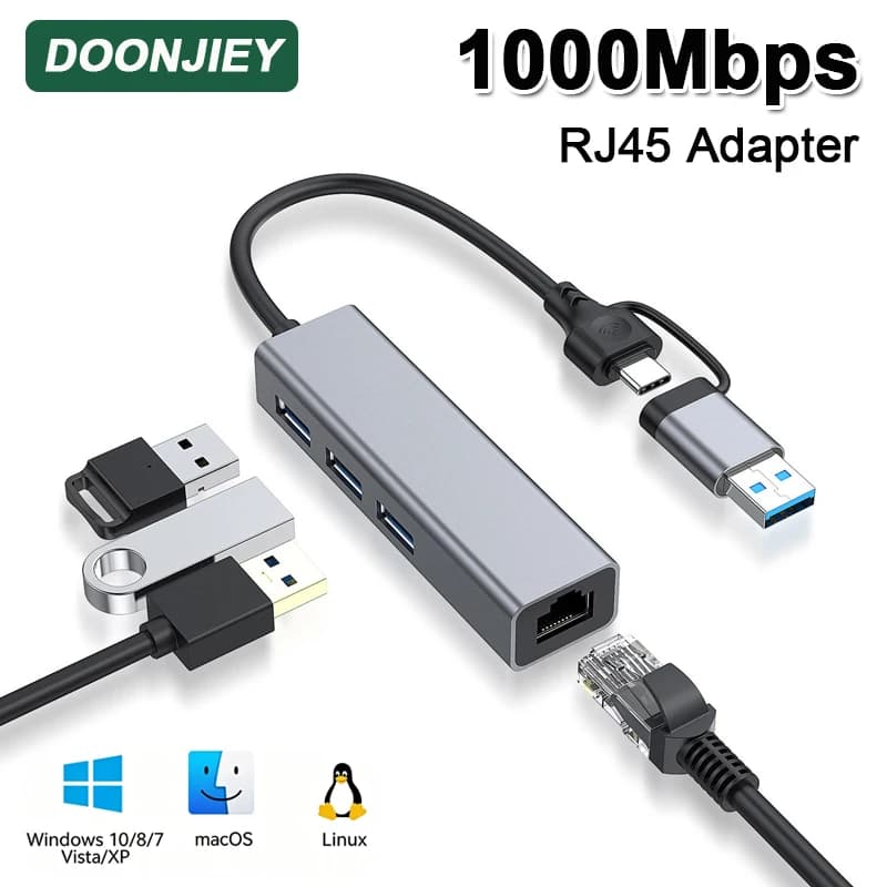 DOONJIEY USB Tpye-C Ethernet Adapter USB3.0 HUB 100/1000M Gigabit Network Card for Laptop PC NAS Server Windows Internet Adapter