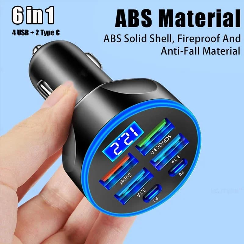 Adattatore per caricabatteria da auto USB C 4 USB A e 2 PD Carica super veloce con monitor di tensione per iPhone Samsung Huawei Vivo OPPO Oneplus