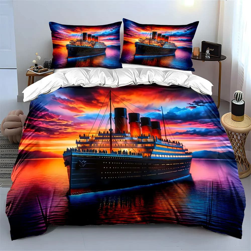 Set di biancheria da letto con stampa di una nave da crociera di lusso al tramonto, morbido e confortevole, include 1 copripiumino e 2 federe, regalo di lusso.