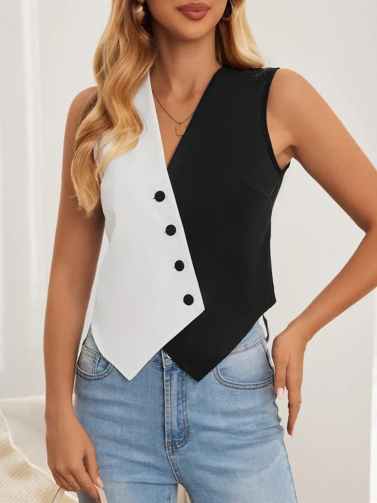 Elegante blazer da donna senza maniche Top con scollo a V Retro femminile diagonale monopetto color block giacca streetwear gilet