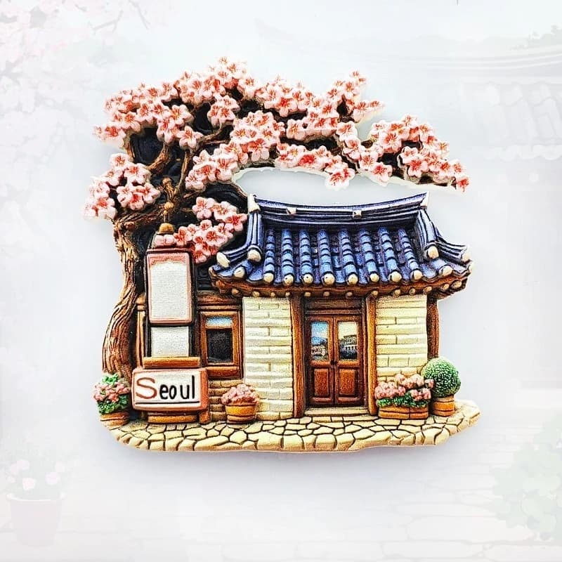 Magnete per Frigorifero Seoul Hanok Village, Souvenir Casa Tradizionale con Tetto in Tegole Blu, Regalo Unico, Magnete per Frigorifero Isola di Jeju