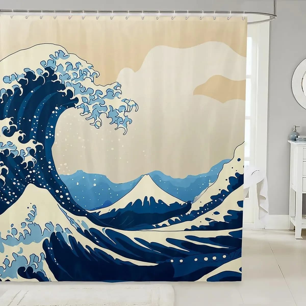 Bathroom Wave Shower Curtain Set with Hooks,Sea Ocean Waves Bath Curtain Hand Drawn Style Japanese Illustration Great Wave