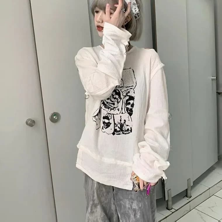 Long Sleeve T Shirt Japanese 2024 Spring Casual Female White Punk Long Shirts Harajuku Off Shoulder Goth Subculture Blouse Tops