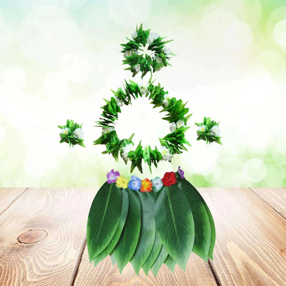 5Pcs Green Grass Skirt Set Hula Costume Adjustable Waist 30Inch Adult Skirt with Silk Leaves Headband Necklace Bracelets