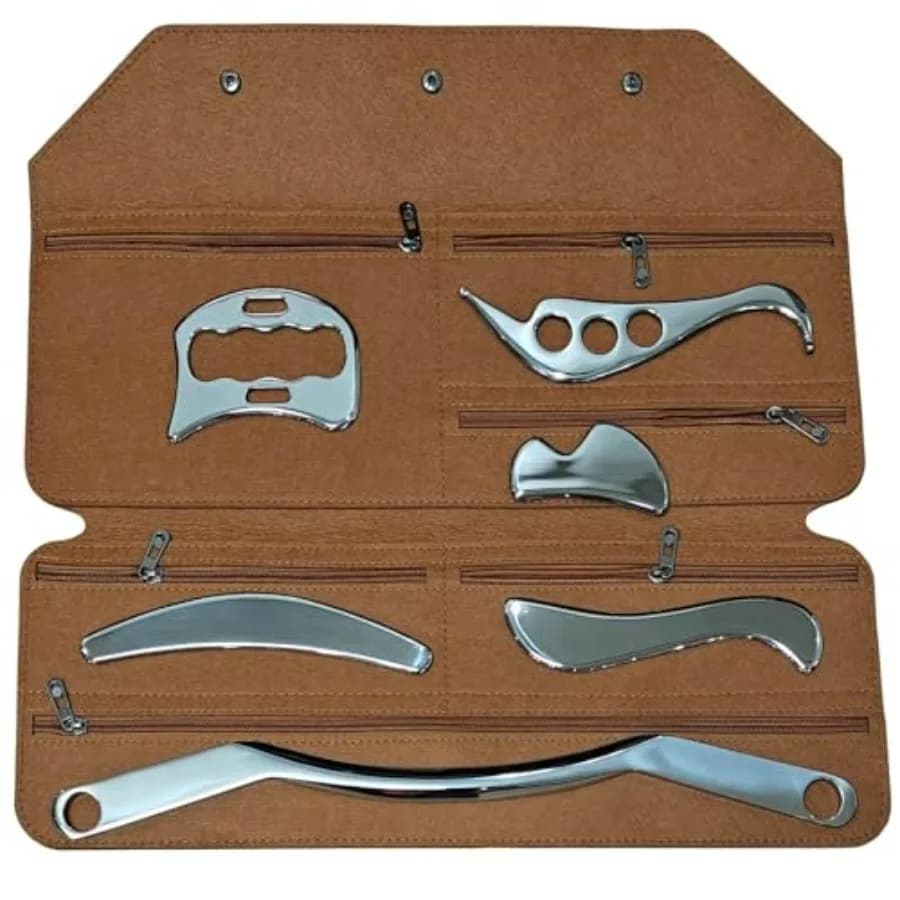 Set di 6 strumenti per massaggio Gua Sha in acciaio inossidabile per schiena, collo, braccia, gambe, spalle e punti di agopuntura su tutto il corpo con borsa per il trasporto - S