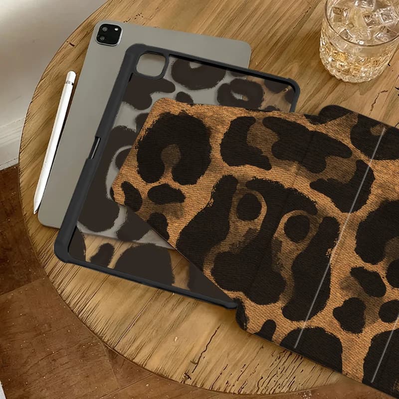 Denim Brown Leopard 360° Rotatable Tri-fold Case for iPad 10/11th, 2026 Air11, 2025 Pro11, Mini6/7, Pencil Slot, Auto Sleep Wake