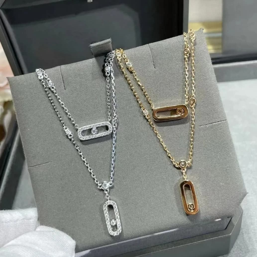 Collana da Donna di Design con Diamante Singolo Scorrevole, Personalizzata, Traforata, Dinamica, a Doppio Strato, per Clavicola