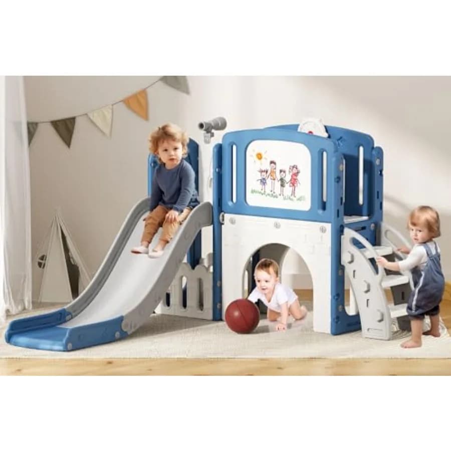 Scivolo per Bambini 9 in 1, Set da Gioco per Interni ed Esterni, Scivoli per Bambini da 1-3 Anni, con Arrampicata e Canestro da Basket