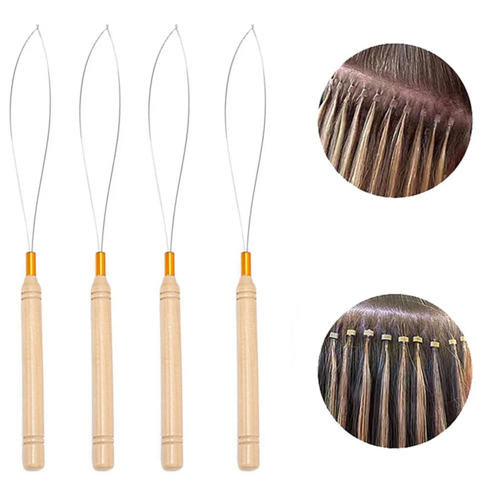 1 pz estensione dei capelli gancio strumento per tirare uncinetto anello infila ago micro anelli perline anello manico in legno con filo di ferro