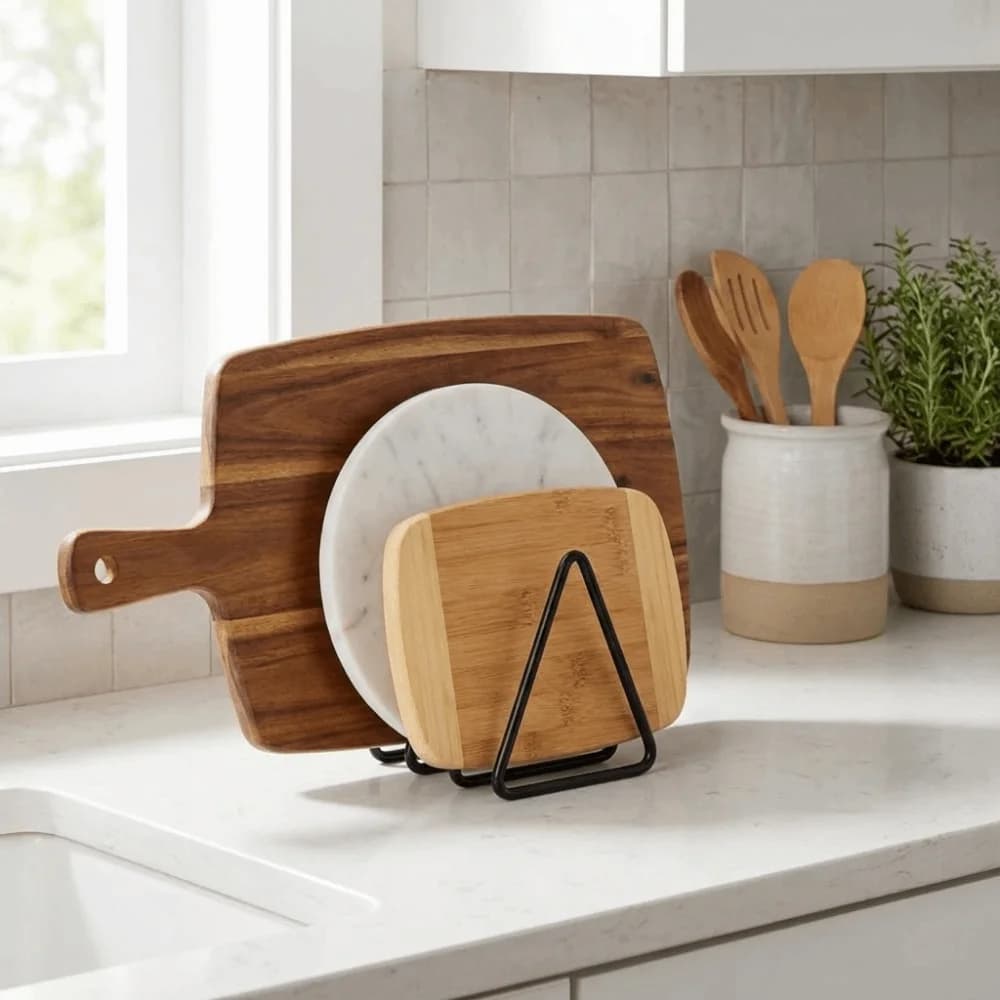 Iron Cutting Board Storage Rack Triangular Rust-proof Pot Lid Storage Rack 4-Slot Space Saving Vertical Storage Organizer