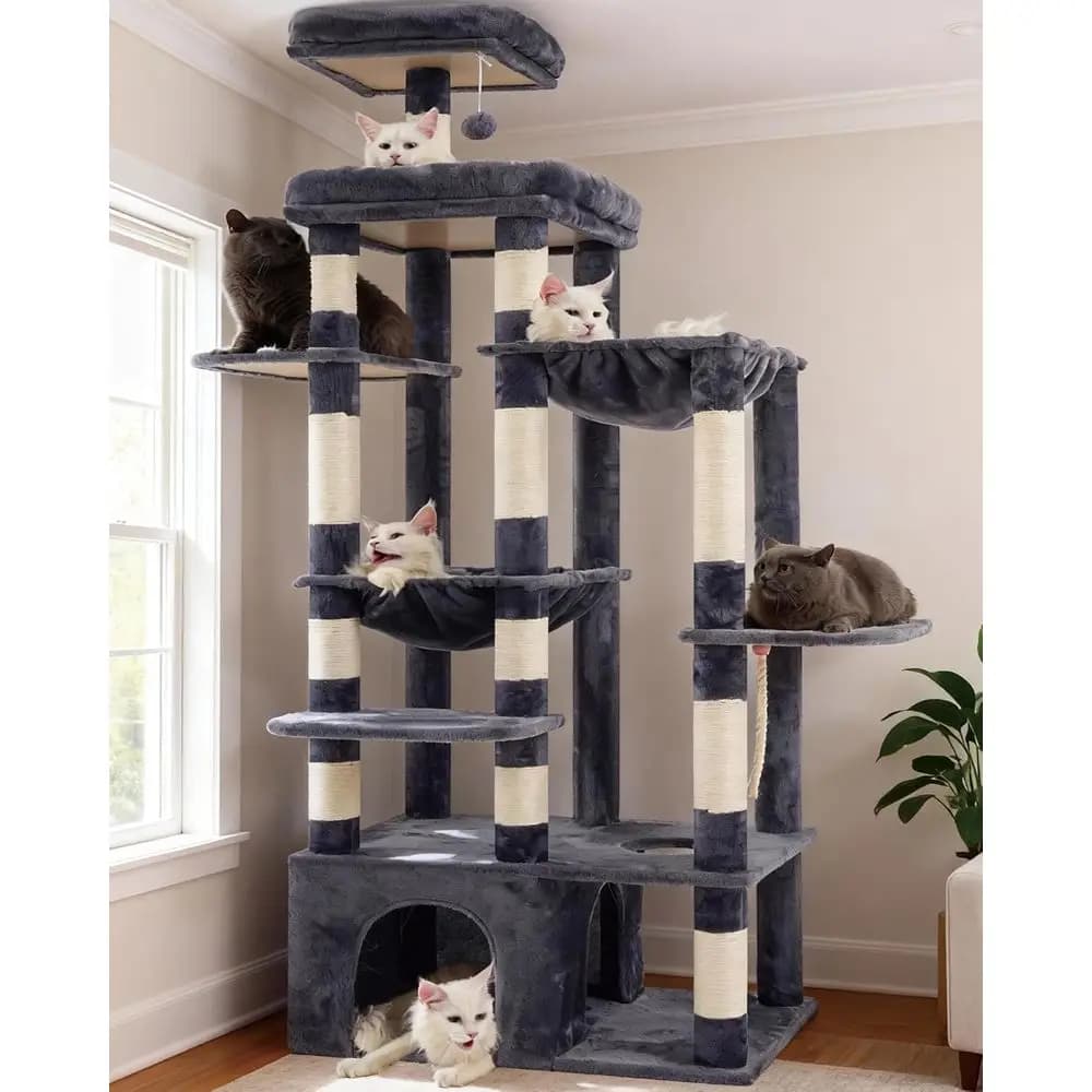 Torre per Gatti Alta 180 cm per Gatti Grandi con Base Ampia, Piattaforme Multi-Livello, 2 Amache, 12 Tiragraffi, Grigio Fumo