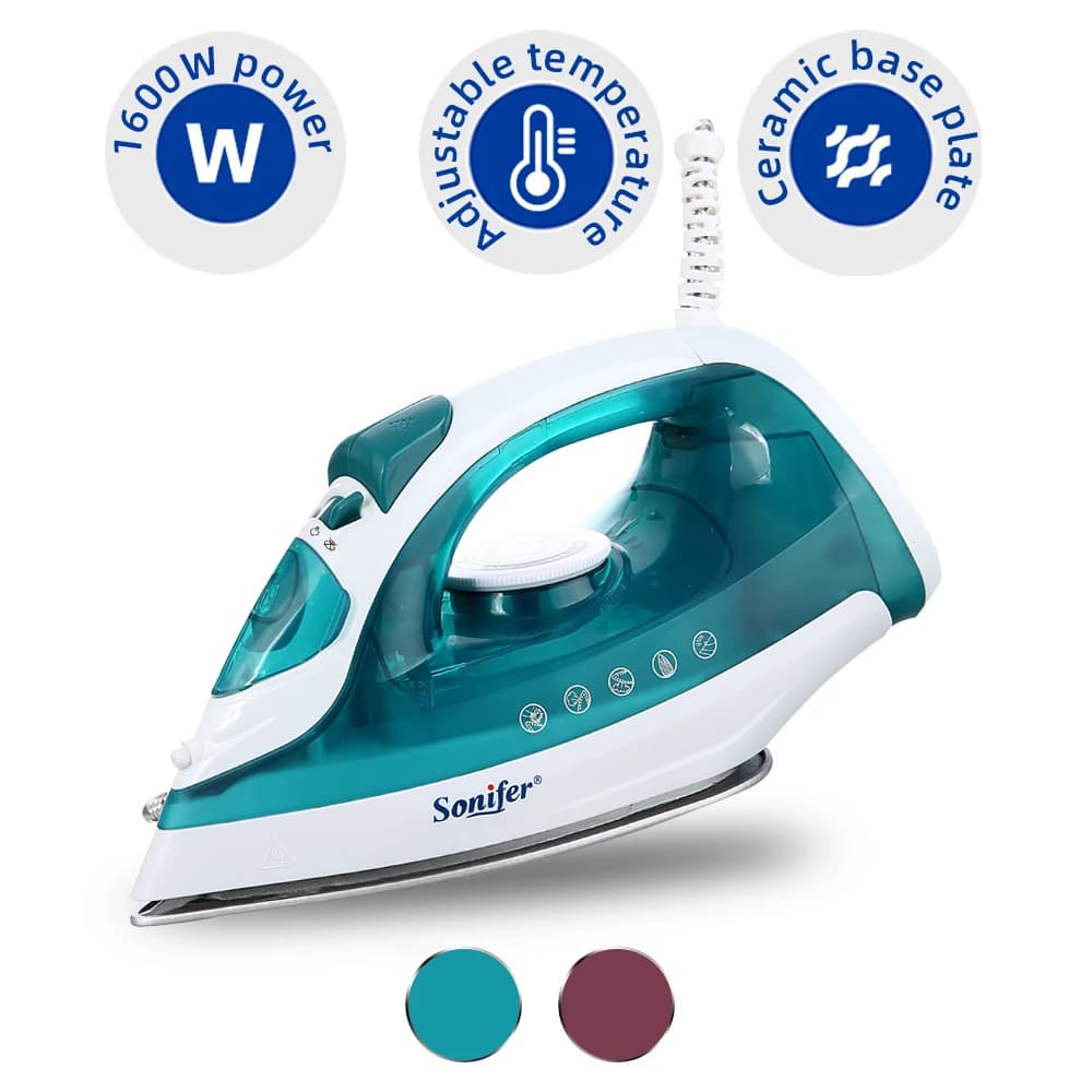 Ferro da stiro a vapore Sonifer 1600W Riscaldamento rapido Serbatoio dell'acqua da 160ml Ferro da viaggio Vapore verticale Vapore regolabile Autopulente Soleplat in ceramica