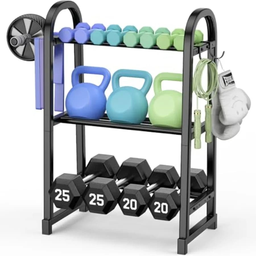3 Tier Adjustable Dumbbell Rack 360LB Capacity Space-Saving Home Gym Storage Rack for Dumbbells and Kettlebells with Hooks Stee