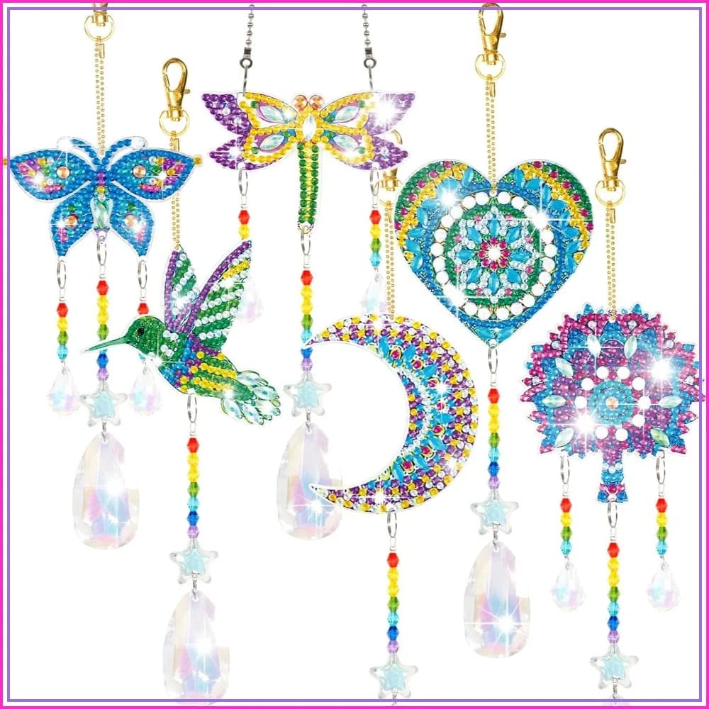 6 Pcs Diamond Painting Suncatchers, Double Sided 3D Diamond Art Wind Chime, Hanging Ornaments for Home Garden Decor
