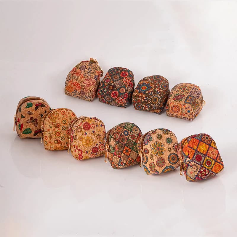 5pcs Purses Women Cork Leather National Bufferfly Flower Printing Solid Ear Line Key Wallet