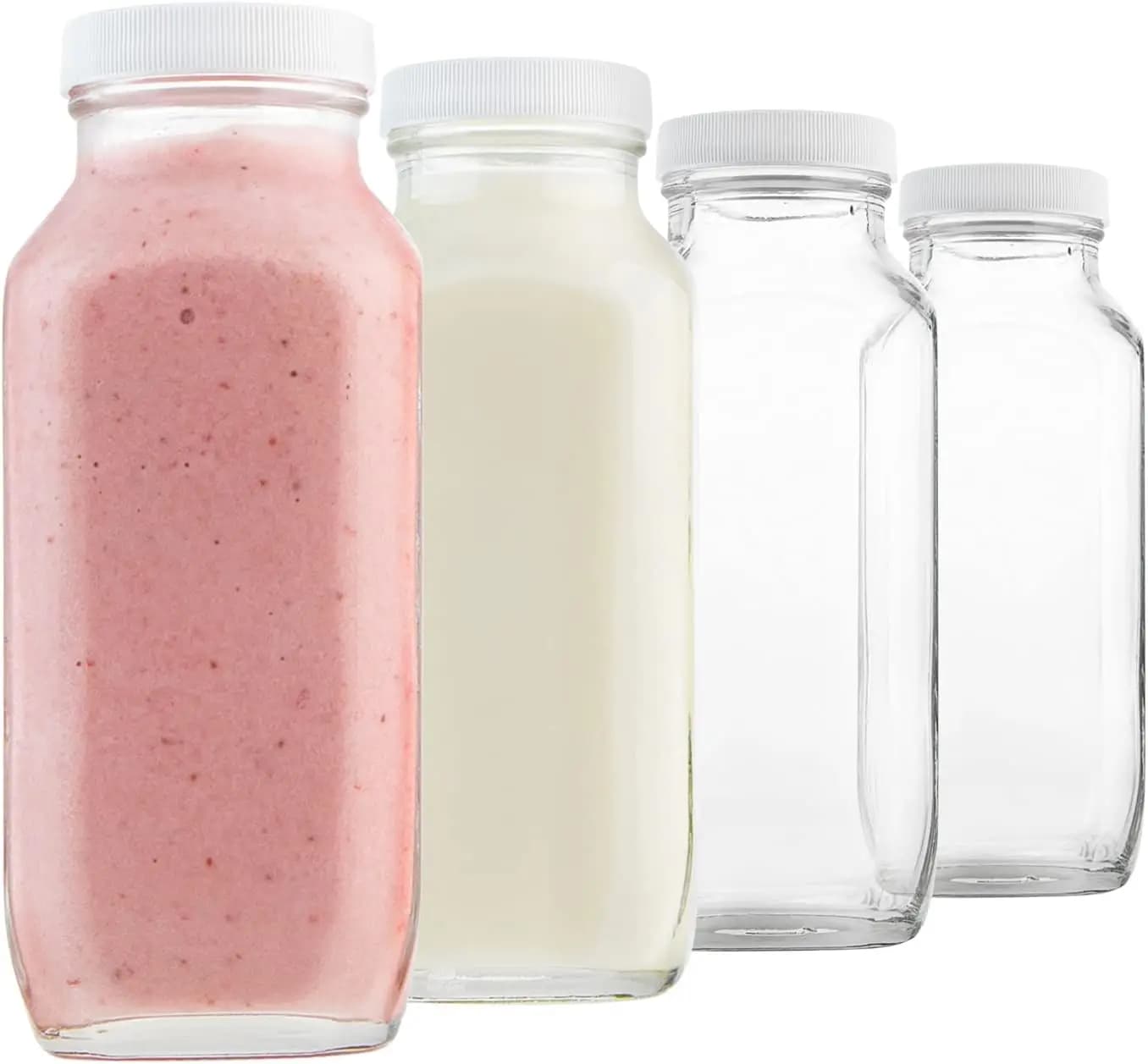 4‑Pack 16‑Oz Reusable Square Glass Milk‑Bottles With Lids, Airtight Drinking Jars for Milk, Creamer, Juice, Smoothies, Kefir & Yogurt, Fit for Lunch‑Box & Refrigerator