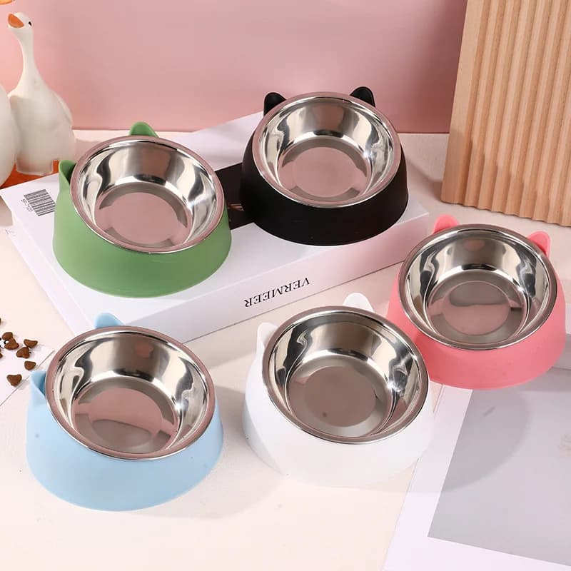 Cute Cat Ear Elevated Tilted Stainless Steel Pet Bowl Anti Slip Raised Cat Food Water Feeder Bowl Protect Neck Spine