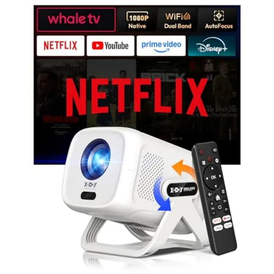 Mini Proiettore Smart Compatibile con Netflix, Autofocus, Keystone, WiFi6, Bluetooth, Portatile, 1080P, Controllo Vocale, 4K, per Cinema Domestico
