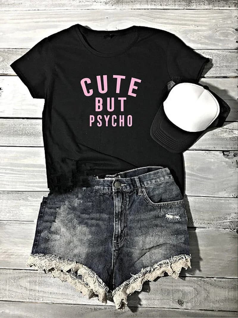 Magliette stampate Cute But Psycho, top estivi, magliette da donna, magliette divertenti Tumblr, regali per donne, pop culture, leggermente divertenti