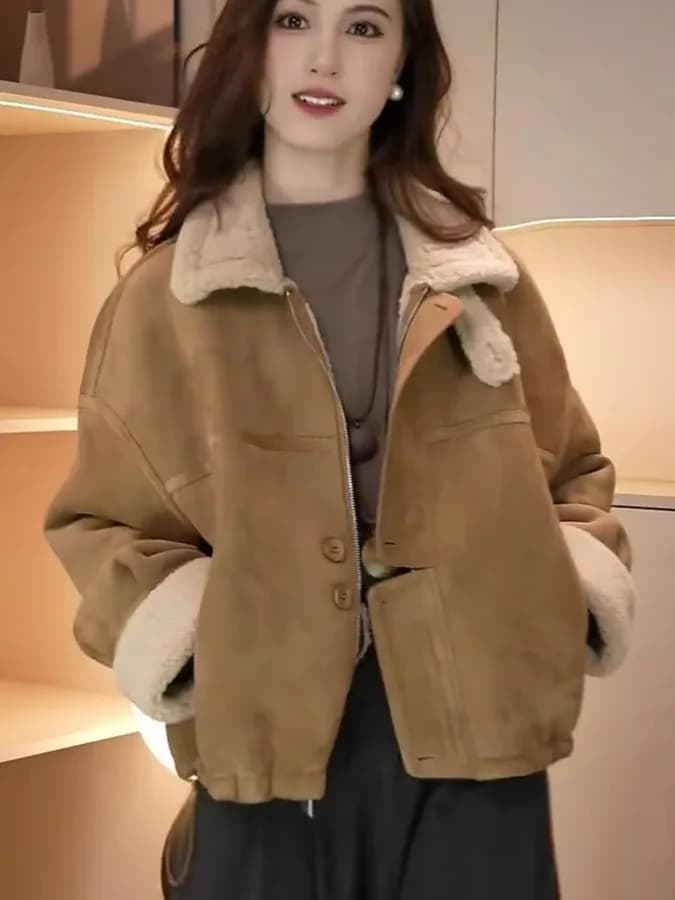 Women's Faux Fur Suede Jacket Thickened Warm Casual Versatile Coat Autumn Winter New Style Leather And Fur Integrated Top