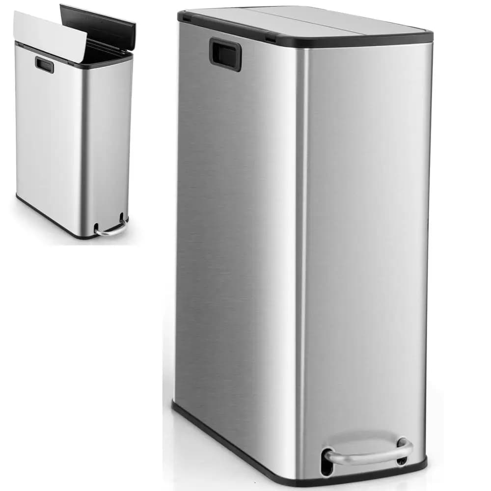 Bidone per la Raccolta Differenziata da 46L, Contenitore da Cucina Sottile in Acciaio Inox con Coperchio a Chiusura Morbida, Secchio Interno in Plastica, Base e Maniglie Antiscivolo