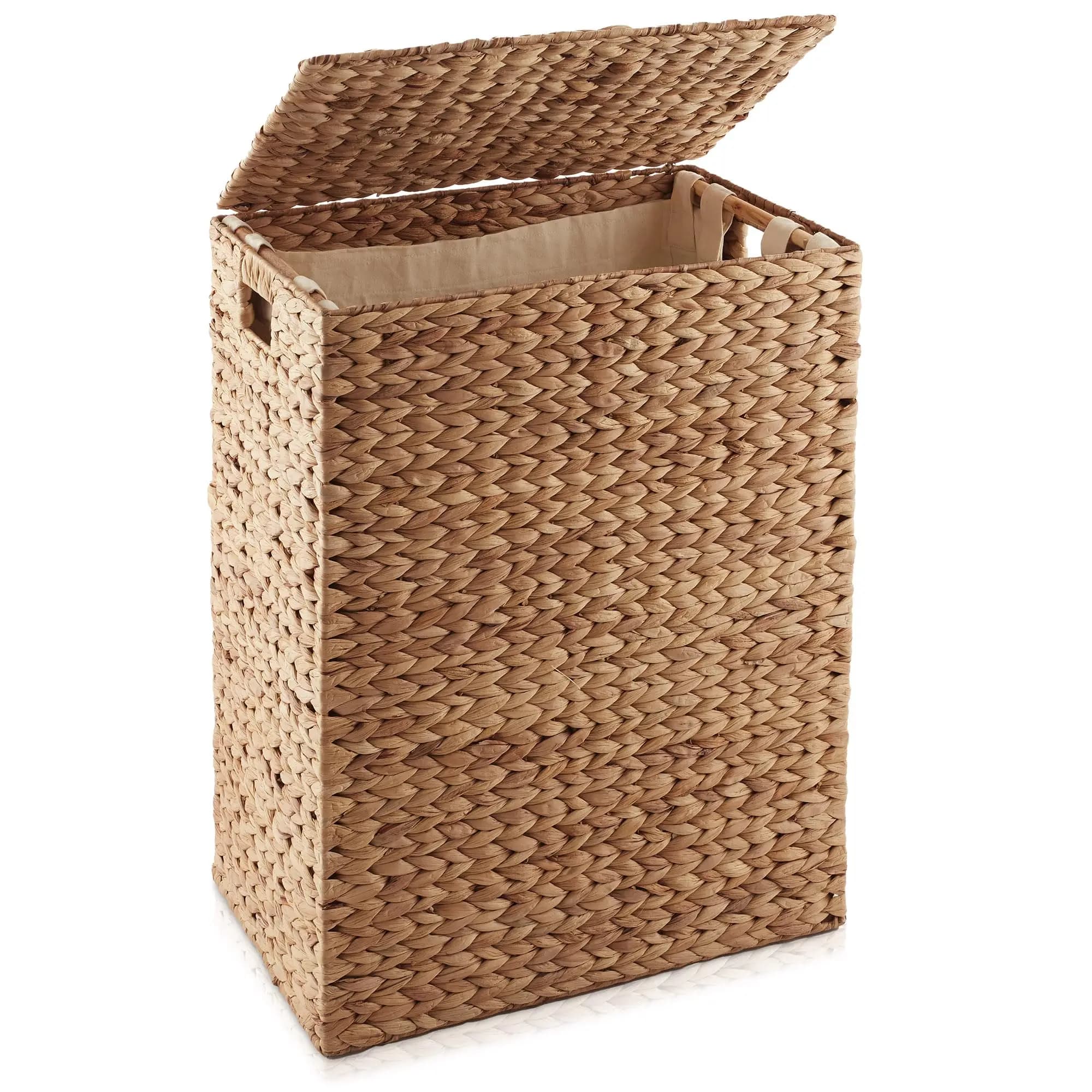 Large Laundry Hamper with Lid and Removable Liner Bag - Cinnamon, Woven Water Hyacinth Rectangular Laundry Basket