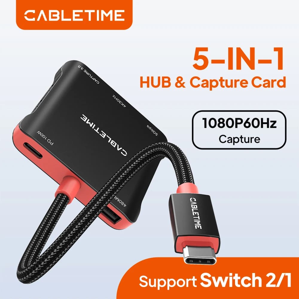 CABLETIME 5 in 1 USB C Hub Capture Card 5Gbps TV Output 1080P@60Hz Capture USB C Dock for MacBook Switch1/2 OLED Laptops