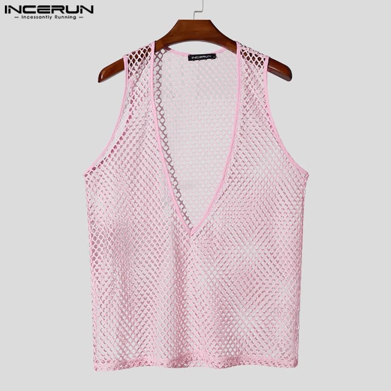 INCERUN Canotte da uomo Mesh Scava fuori Vedi attraverso Solid Gilet maschili Estate Streetwear Profondo scollo a V senza maniche Abbigliamento uomo sexy