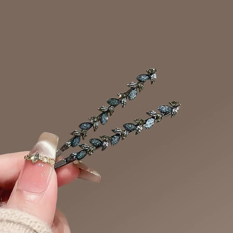 2Pcs/set Exquisite Rhinestone Glaze Leaf Hairpin Cute and Sweet Women's Bangs Side Clip Simple Korean Style Hair Accessories