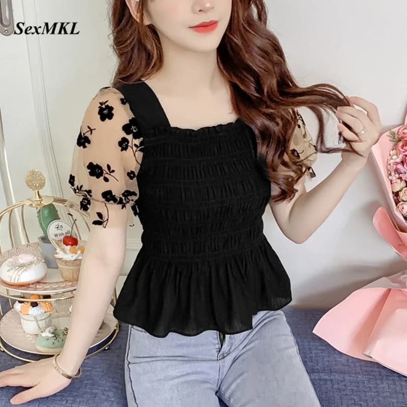 Women's Summer Shirt with Smurf and Corset Sleeves, Fashion 2026, Casual, with Net Inserts, Blusa Mujer, Korean Style, Slim, Sexy, in Black Chiffon