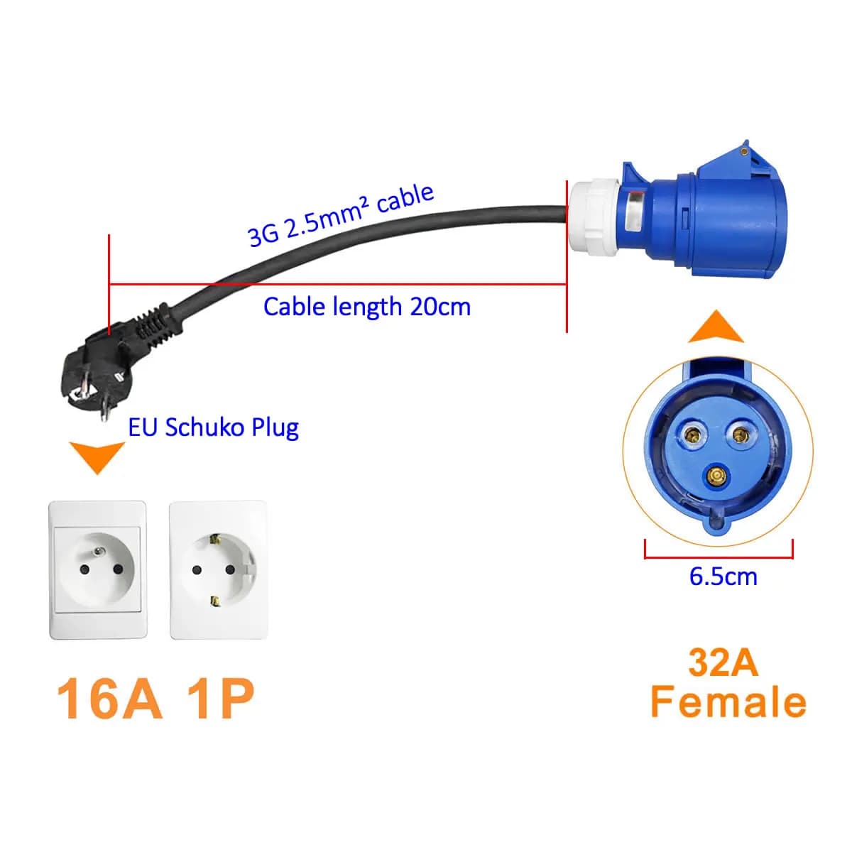 Adapter for CEE blue 32A 16A EU Schuko charging adapter for electric vehicles from 7KW to 3.5KW for portable EV chargers