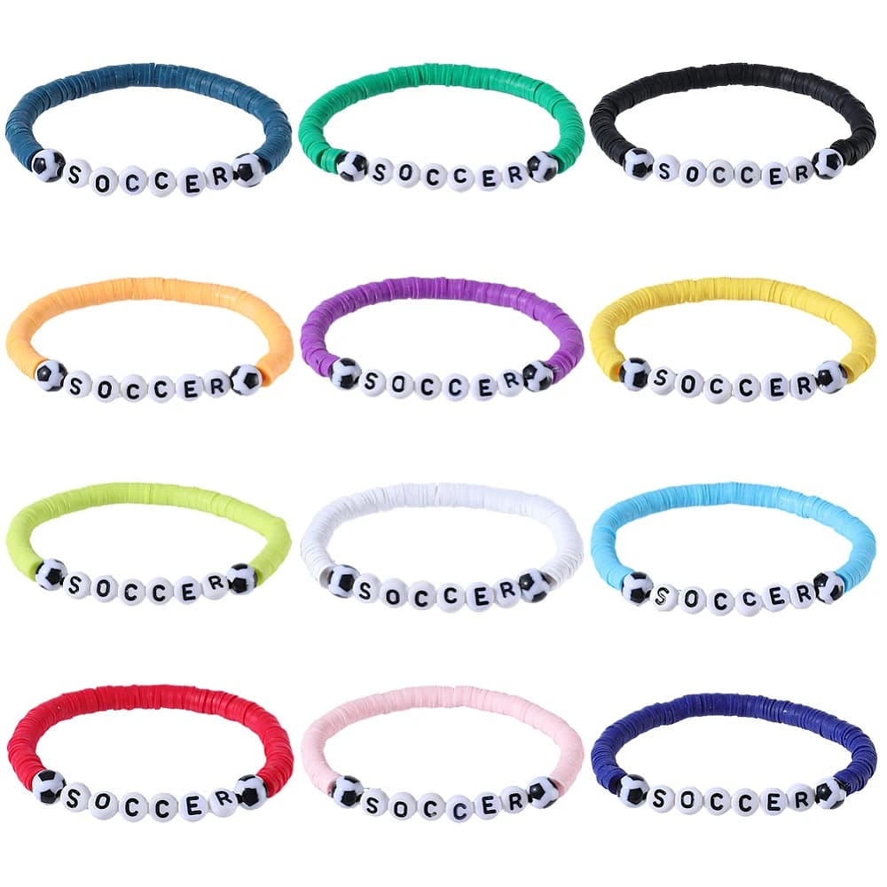 12Pcs 12Colors Soccer Bracelets Soccer Letters Football Stackable Polymer Clay Beads Charm Bracelets Party Favor Sports Jewelry