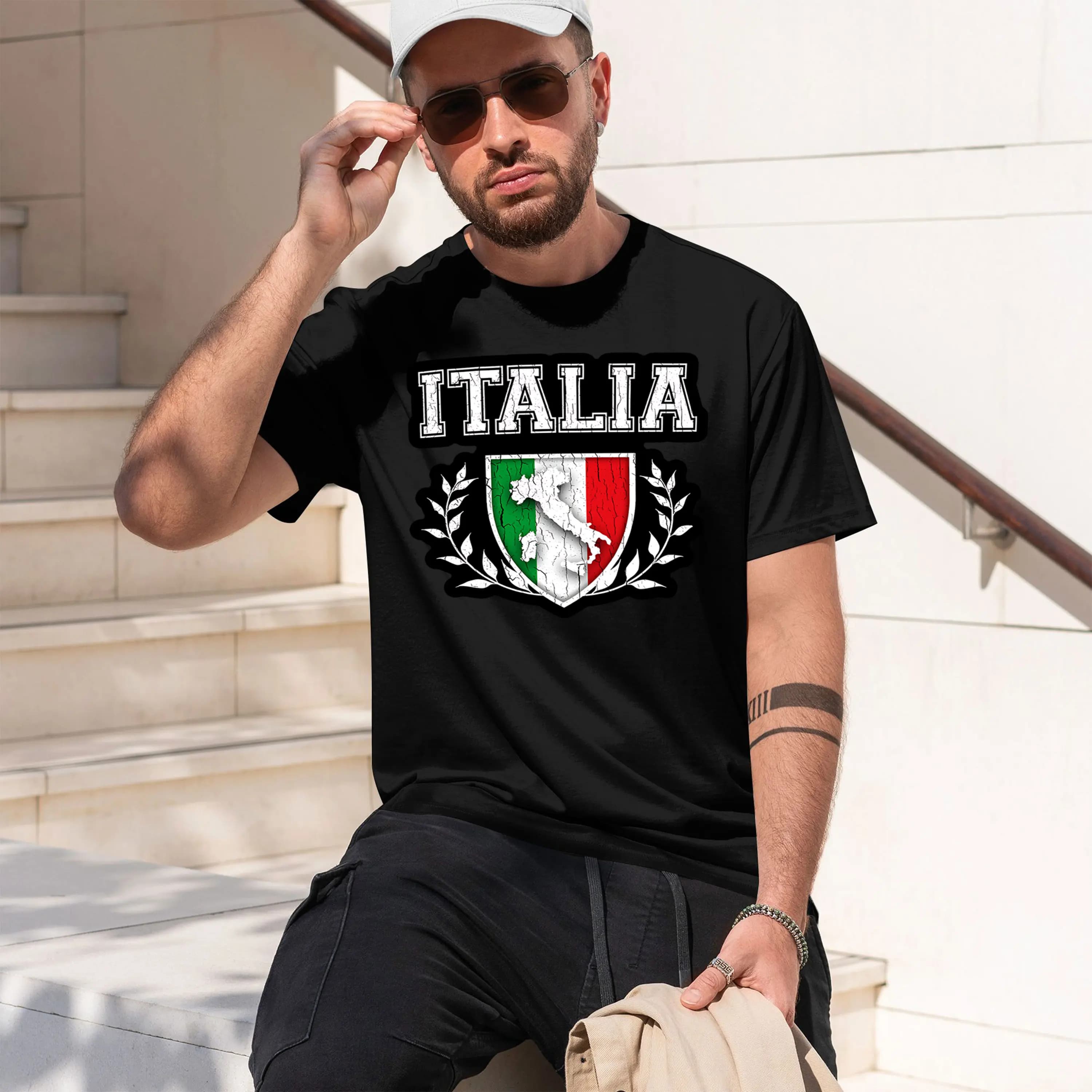 T-shirt girocollo da uomo a maniche corte, modello 2026, lavabile, con stampa ghirlanda d'alloro e bandiera italiana, tema Sole Italiano, per golf e pesca