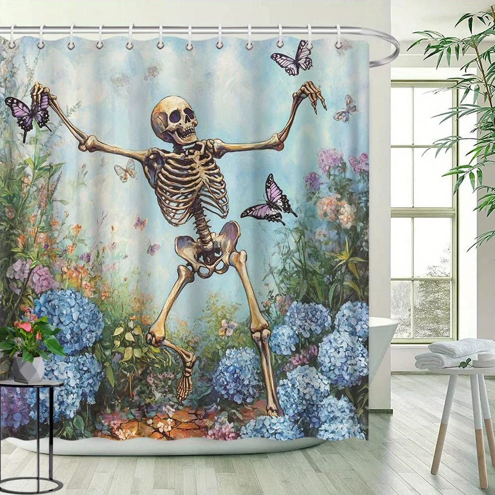 Tenda da doccia con scheletro e farfalla di Halloween - Stile pittura a olio, Paesaggio naturale, Decorazione da bagno in poliestere, 12 ganci
