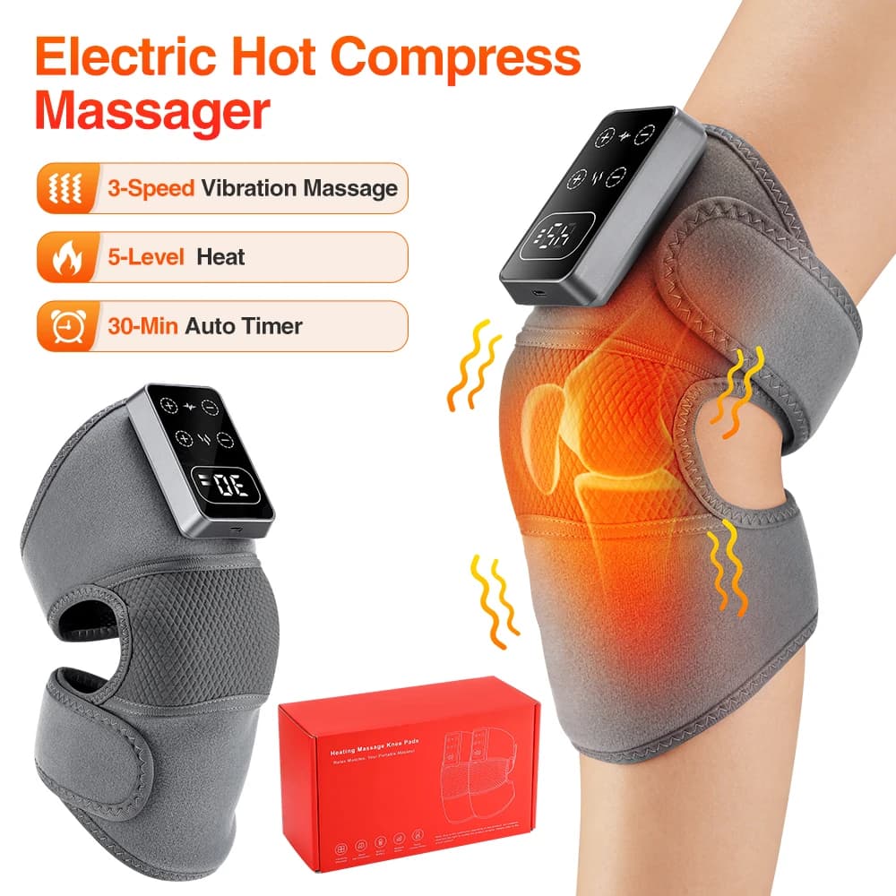 Massaggiatore Elettrico per Ginocchia con Cuscinetto Riscaldante, Vibrazione e 5 Livelli di Calore, Supporto per Ginocchia Ricaricabile, Protezione per Muscoli e Relax