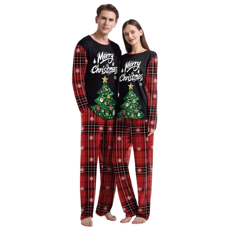 Christmas Cosplay Costume Pajama Set with Checkered Patchwork Long Sleeved Pants Loose Round Neck Home Clothes for Unisex
