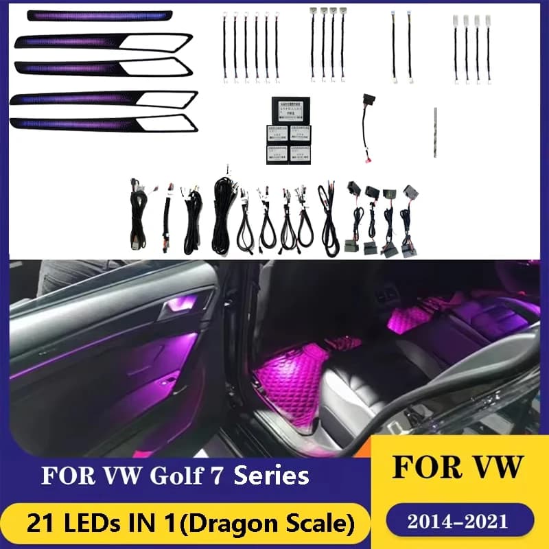 21 in 1 Kit di illuminazione ambientale per VW Golf 7 2014-2021 Interni auto Guida acrilica Striscia di fibra 64 colori Decorazione Lampada atmosfera