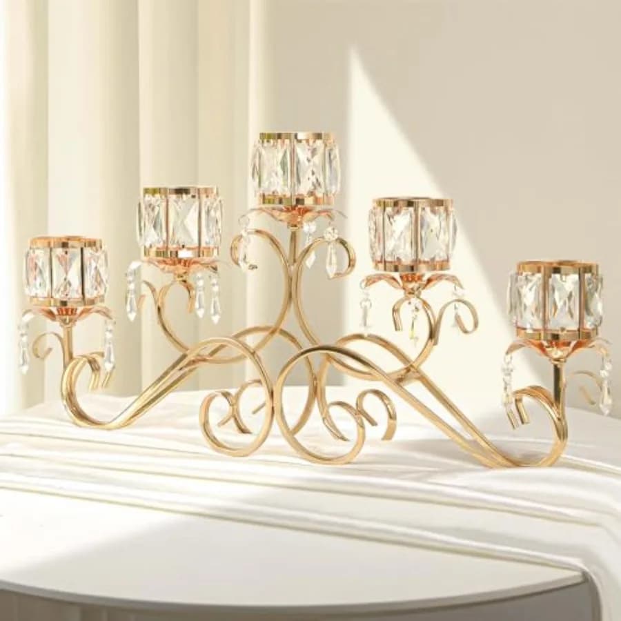 Elegante Candelabro in Cristallo a 5 Bracci, Portacandele Votivo in Cristallo, Candelabro a 5 Bracci per Centrotavola