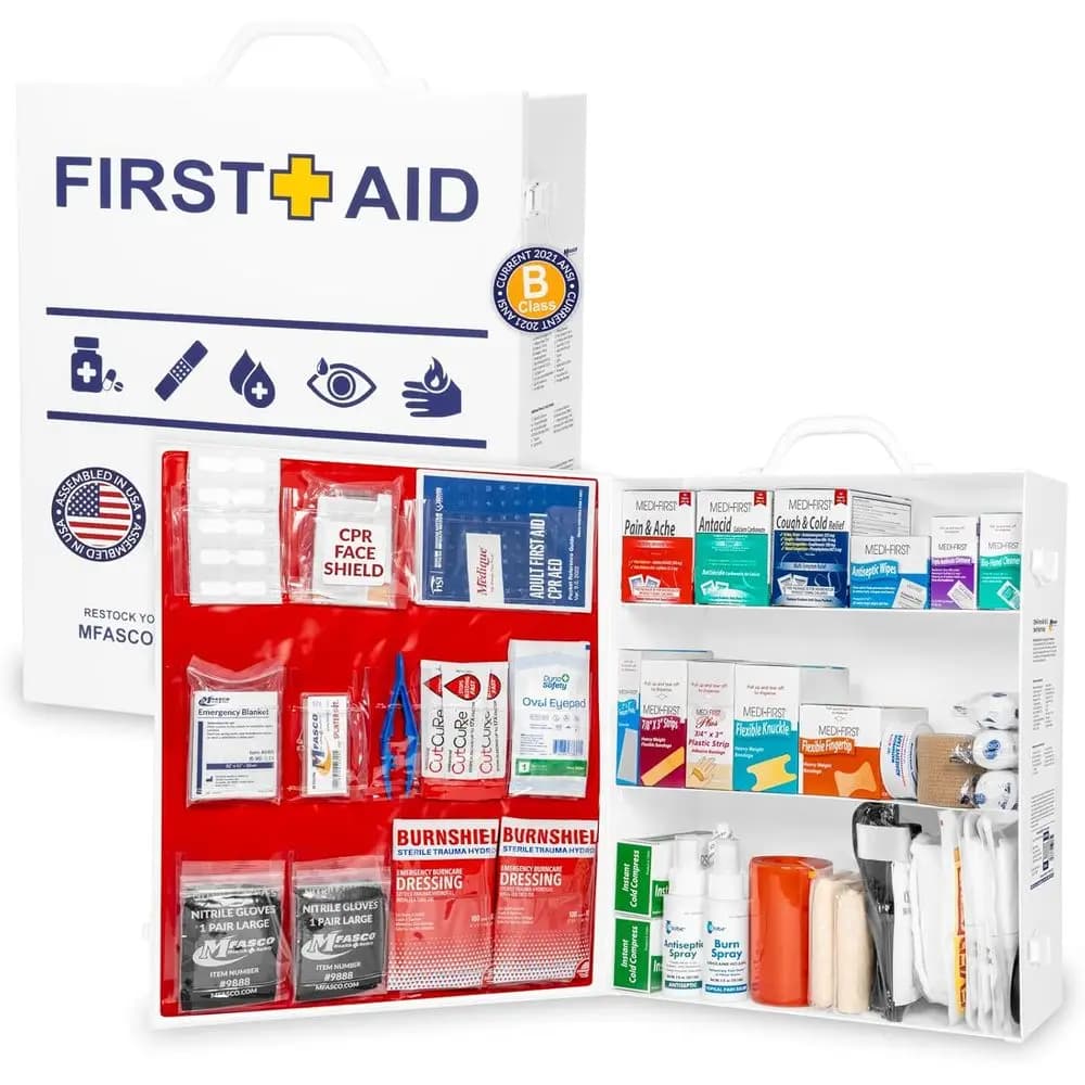 Kit di Pronto Soccorso Grande Conforme OSHA 2021 con Armadietto Metallico a 3 Ripiani, Montabile a Parete, Include Medicinali, Classe B ANSI